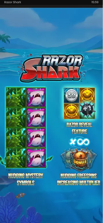 Razor Shark Basisspiel – volles 5×4 Raster mit Mystery Stack